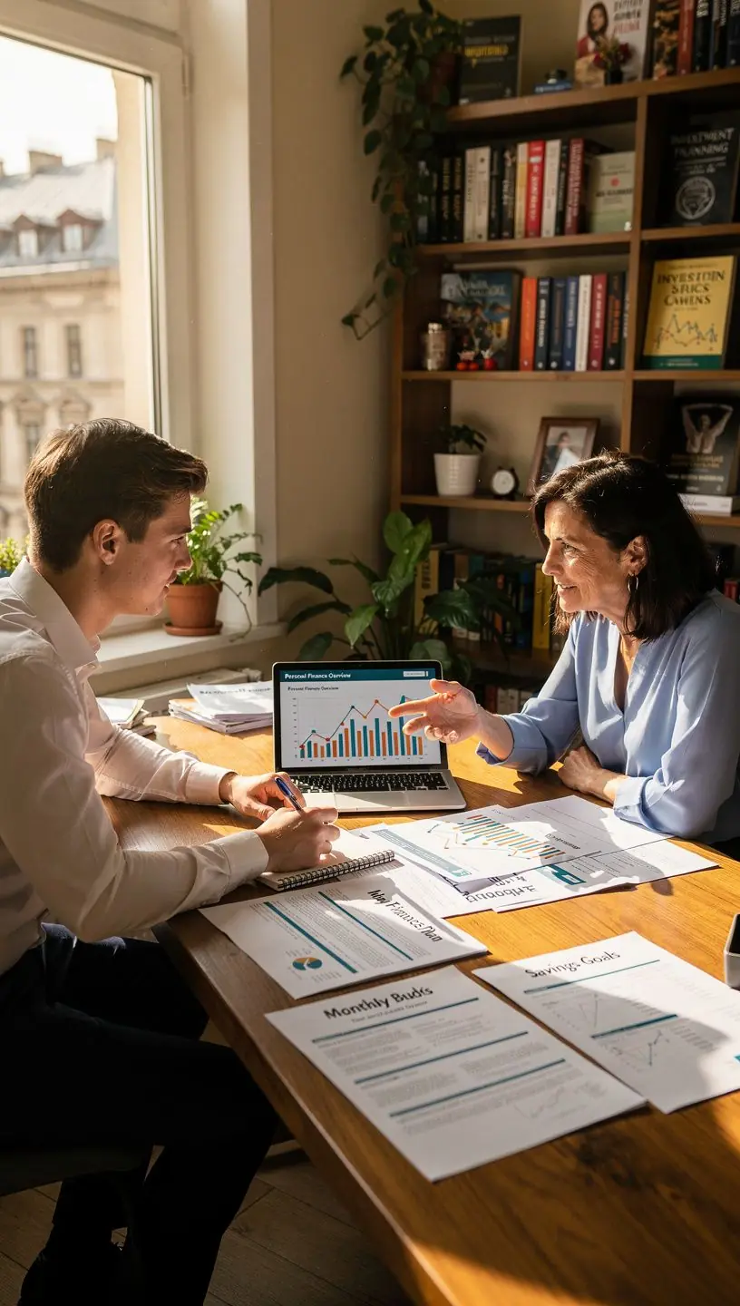 Személyes pénzügyi tanácsadó ül egy ügyféllel, miközben egyedi, nyomtatott pénzügyi tervet mutat be egy modern irodai környezetben.